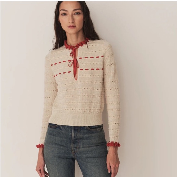 Doen Sweaters - DÔEN Cordelie Top Women's Sweater cream with red trim